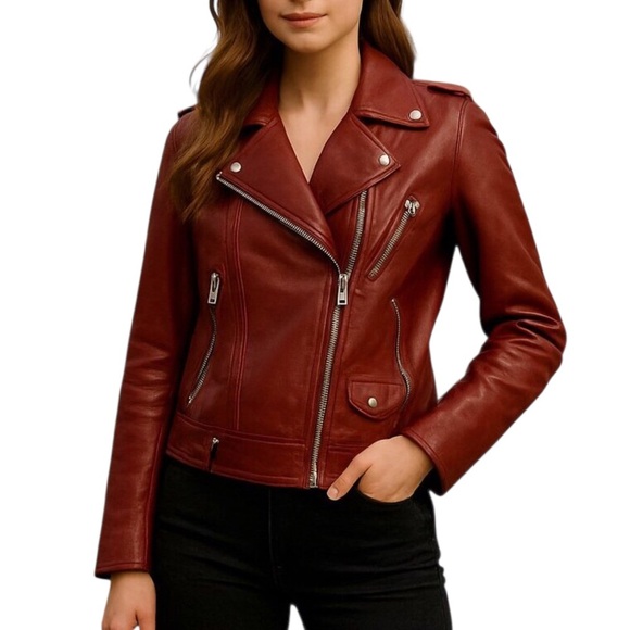 Deadwood River Biker Leather Jacket Stockholm Sweden in Burgundy Women’s Small - Picture 1 of 15